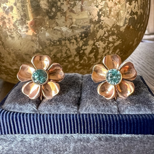 Retro Blue Zircon Flower Earrings sold by Doyle and Doyle an antique and vintage jewelry boutique