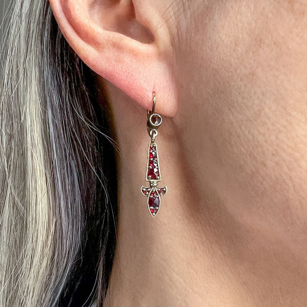 Vintage Bohemian Garnet Drop Earrings with Czech hallmarks, from Doyle & Doyle an antique and vintage jewelry boutique