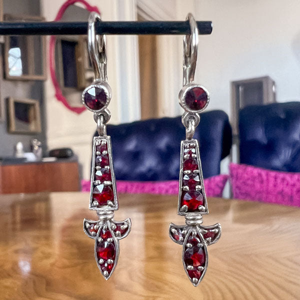 Vintage Bohemian Garnet Drop Earrings with Czech hallmarks, from Doyle & Doyle an antique and vintage jewelry boutique