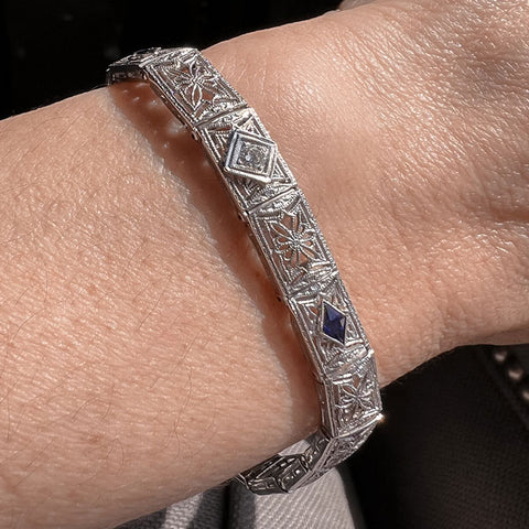 Art Deco Diamond & Sapphire Filigree Bracelet sold by Doyle and Doyle an antique and vintage jewelry boutique