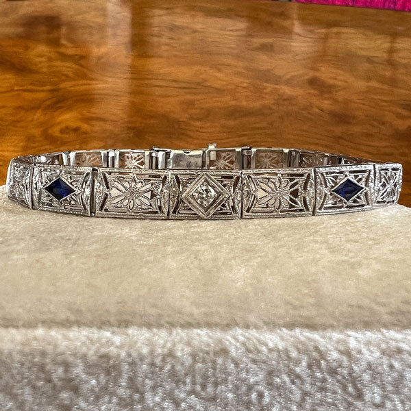 Art Deco Diamond & Sapphire Filigree Bracelet sold by Doyle and Doyle an antique and vintage jewelry boutique
