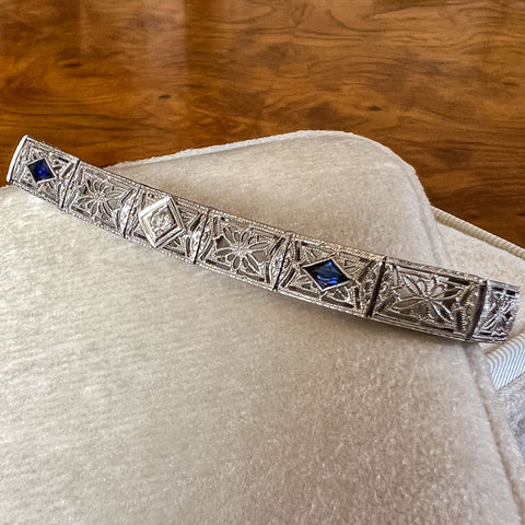 Art Deco Diamond & Sapphire Filigree Bracelet sold by Doyle and Doyle an antique and vintage jewelry boutique