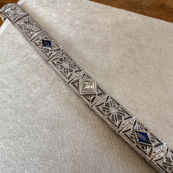 Art Deco Diamond & Sapphire Filigree Bracelet sold by Doyle and Doyle an antique and vintage jewelry boutique