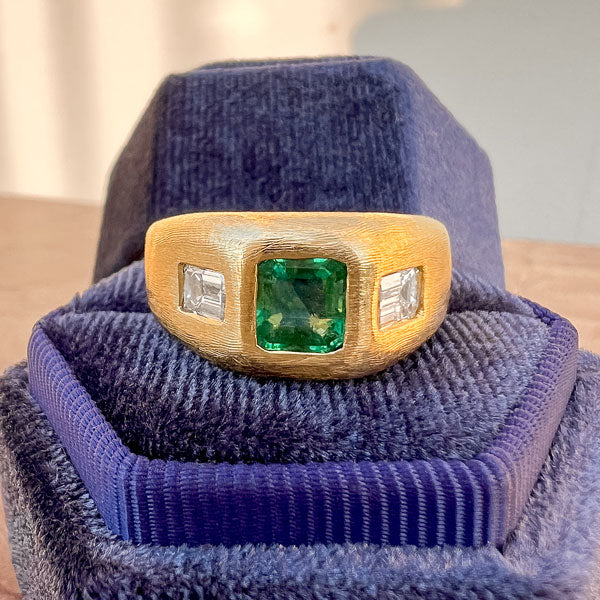 Vintage Emerald & Diamond Ring in textured gold, from Doyle & Doyle an antique and vintage jewelry boutique