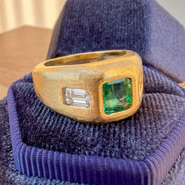 Vintage Emerald & Diamond Ring in textured gold, from Doyle & Doyle an antique and vintage jewelry boutique