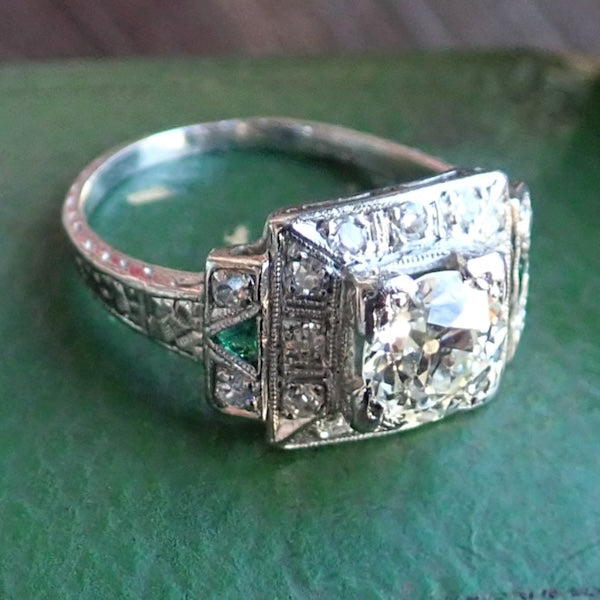Art Deco Diamond Engagement Ring with emerald accents, sold by Doyle & Doyle antique and vintage jewelry boutique