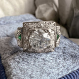 Art Deco Diamond Engagement Ring with emerald accents, sold by Doyle & Doyle antique and vintage jewelry boutique