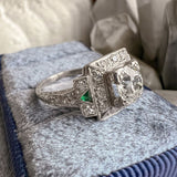 Art Deco Diamond Engagement Ring with emerald accents, sold by Doyle & Doyle antique and vintage jewelry boutique
