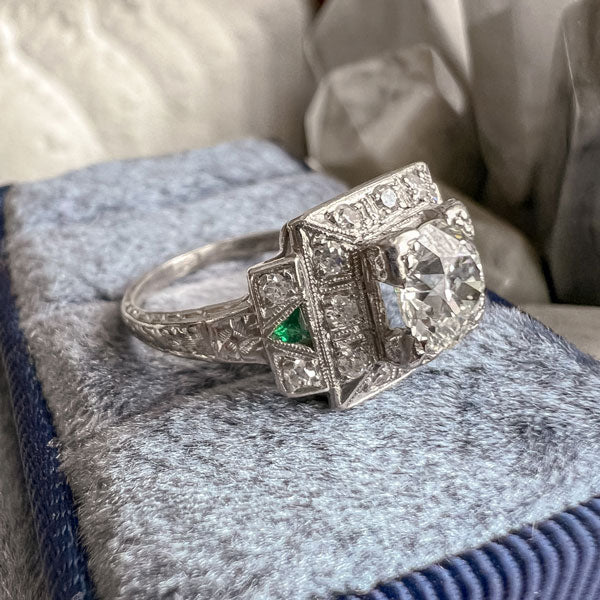 Art Deco Diamond Engagement Ring with emerald accents, sold by Doyle & Doyle antique and vintage jewelry boutique