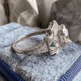 Art Deco Diamond Engagement Ring with emerald accents, sold by Doyle & Doyle antique and vintage jewelry boutique