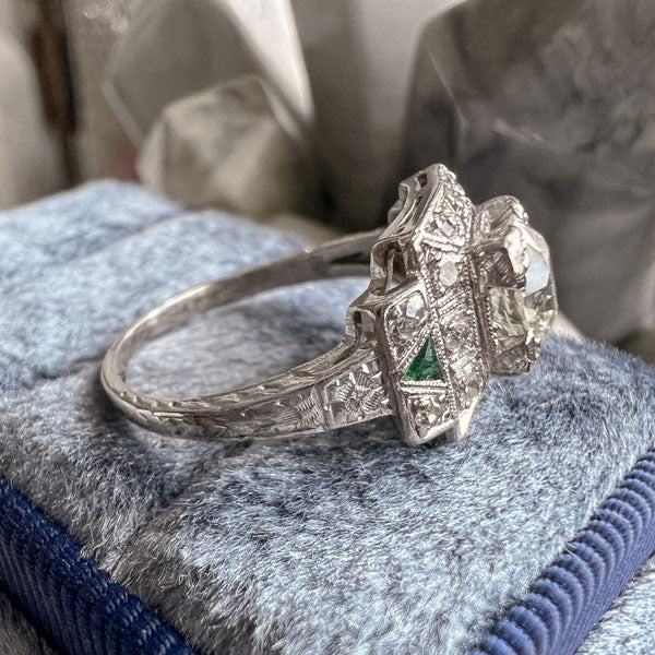 Art Deco Diamond Engagement Ring with emerald accents, sold by Doyle & Doyle antique and vintage jewelry boutique