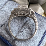 Art Deco Diamond Engagement Ring with emerald accents, sold by Doyle & Doyle antique and vintage jewelry boutique