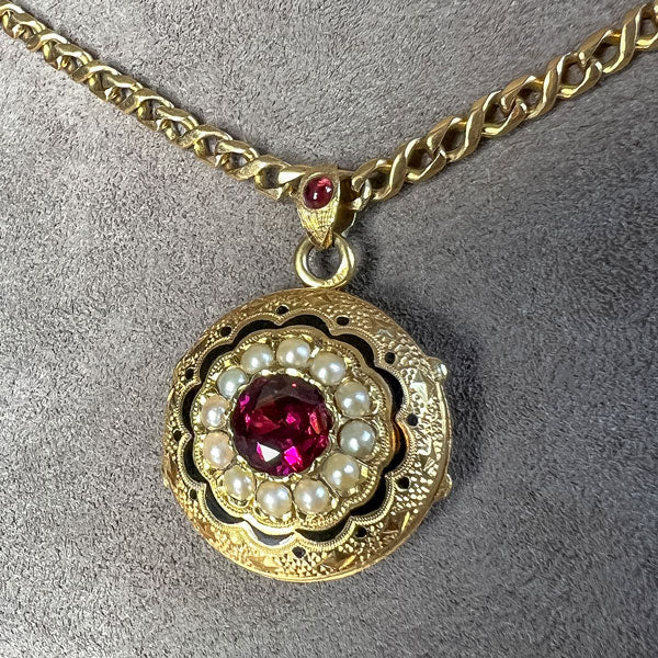 Antique Garnet, Pearl & Enamel Locket sold by Doyle and Doyle an antique and vintage jewelry boutique