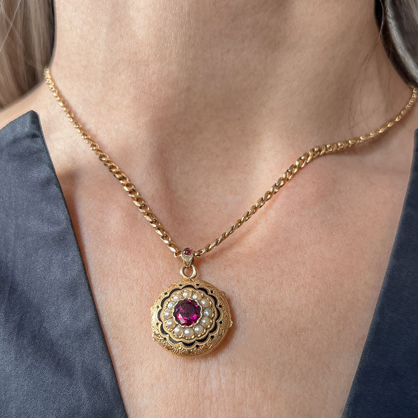 Antique Garnet, Pearl & Enamel Locket sold by Doyle and Doyle an antique and vintage jewelry boutique