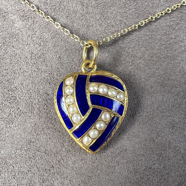 Victorian Pearl & Blue Enamel Heart Locket Pendant, from Doyle & Doyle antique and vintage jewelry boutique