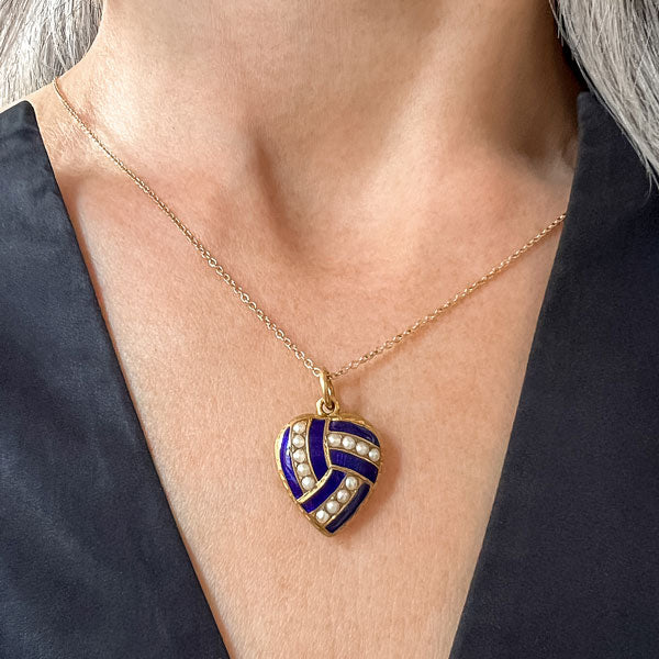 Victorian Pearl & Blue Enamel Heart Locket Pendant, from Doyle & Doyle antique and vintage jewelry boutique