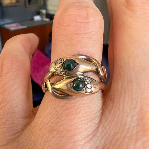 Vintage Bloodstone & Diamond Twin Snake Ring sold by Doyle and Doyle an antique and vintage jewelry boutique 