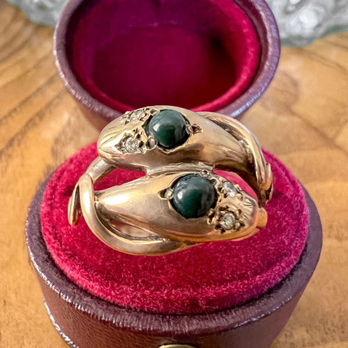 Vintage Bloodstone & Diamond Twin Snake Ring sold by Doyle and Doyle an antique and vintage jewelry boutique 