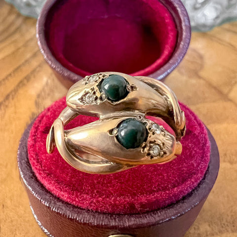 Vintage Bloodstone & Diamond Twin Snake Ring sold by Doyle and Doyle an antique and vintage jewelry boutique 