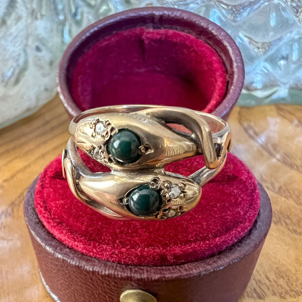 Vintage Bloodstone & Diamond Twin Snake Ring sold by Doyle and Doyle an antique and vintage jewelry boutique 