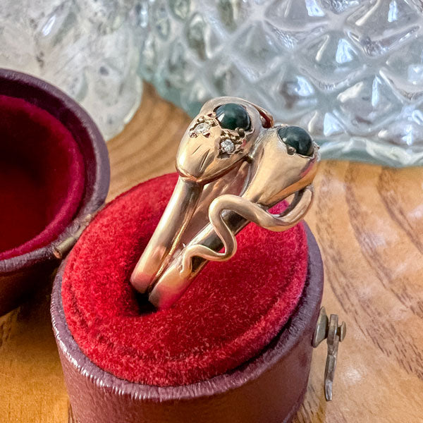Vintage Bloodstone & Diamond Twin Snake Ring sold by Doyle and Doyle an antique and vintage jewelry boutique 