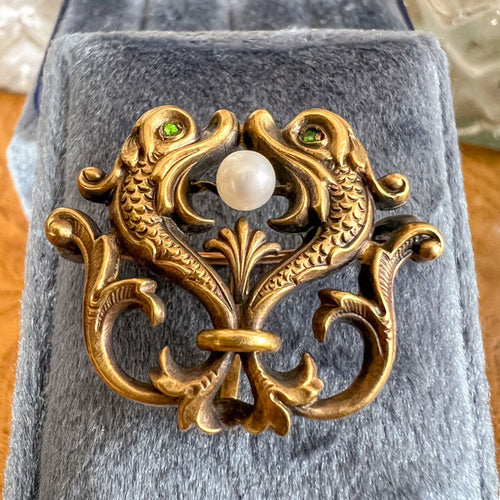 Antique Sea Creature (Dolphin) Demantoid & Pearl Watch Pin sold by Doyle and Doyle an antique and vintage jewelry boutique