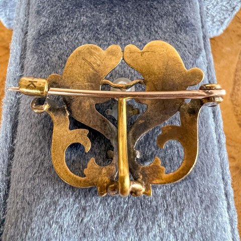 Antique Sea Creature (Dolphin) Demantoid & Pearl Watch Pin sold by Doyle and Doyle an antique and vintage jewelry boutique