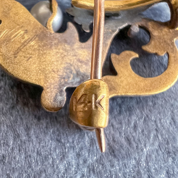 Antique Sea Creature (Dolphin) Demantoid & Pearl Watch Pin sold by Doyle and Doyle an antique and vintage jewelry boutique