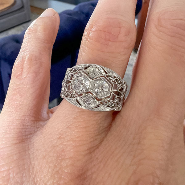 Art Deco Filigree Diamond Wide Band Ring sold by Doyle and Doyle an antique and vintage jewelry boutique  