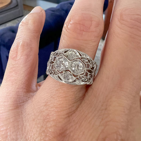 Art Deco Filigree Diamond Wide Band Ring sold by Doyle and Doyle an antique and vintage jewelry boutique  