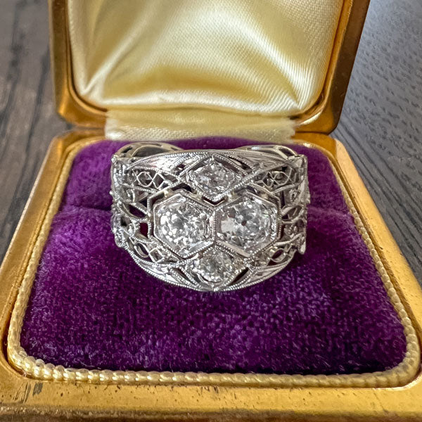 Art Deco Filigree Diamond Wide Band Ring sold by Doyle and Doyle an antique and vintage jewelry boutique  