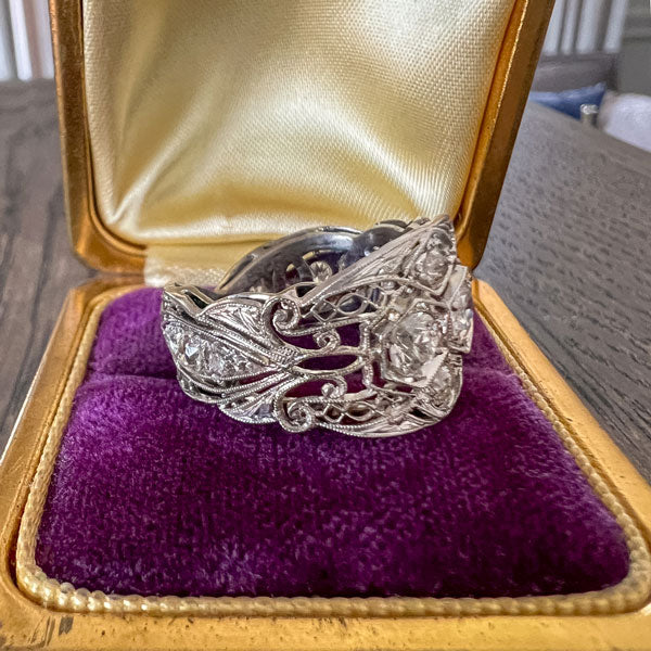 Art Deco Filigree Diamond Wide Band Ring sold by Doyle and Doyle an antique and vintage jewelry boutique  