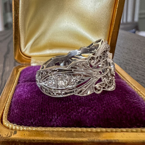 Art Deco Filigree Diamond Wide Band Ring sold by Doyle and Doyle an antique and vintage jewelry boutique  