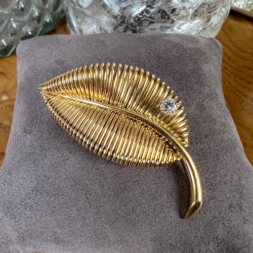 Vintage Georges L'Enfant for Mauboussin Diamond Leaf Pin, from Doyle & Doyle antique and vintage jewelry boutique