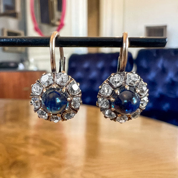 Antique Cabochon Sapphire & Diamond Earrings sold by Doyle and Doyle an antique and vintage jewelry boutique 