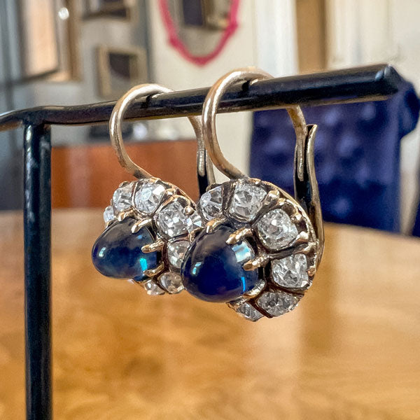 Antique Cabochon Sapphire & Diamond Earrings sold by Doyle and Doyle an antique and vintage jewelry boutique 