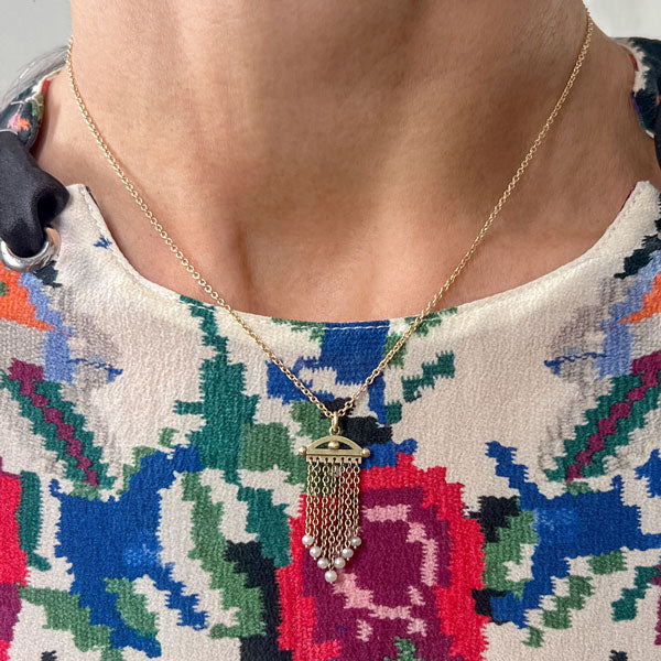 Antique Pearl Fringe Gold Tassel pendant sold by Doyle and Doyle an antique and vintage jewelry boutique