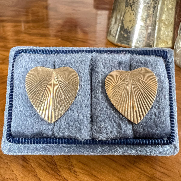 Vintage Engine Turned Heart Earrings sold by Doyle and Doyle an antique and vintage jewelry boutique