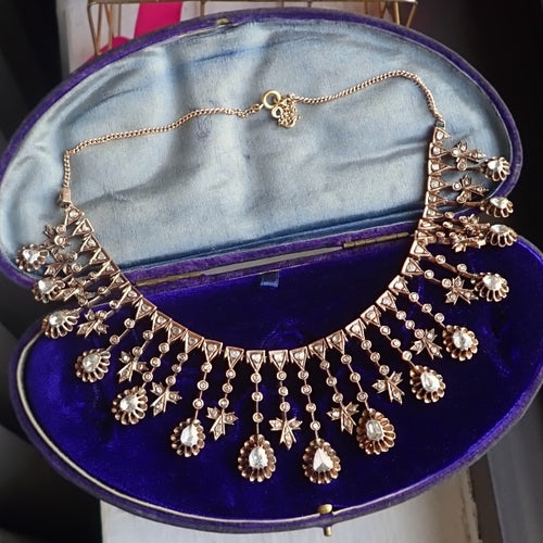 Antique Rose Cut Diamond Fringe Necklace in gold, sold by Doyle & Doyle an antique and vintage jewelry boutique