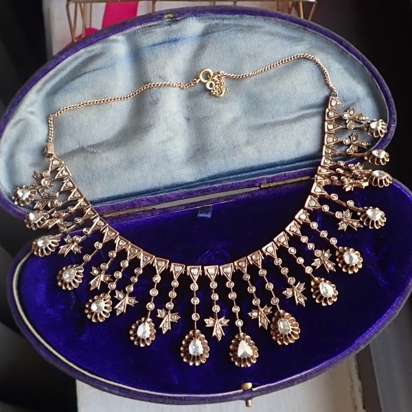 Antique Rose Cut Diamond Fringe Necklace in gold, sold by Doyle & Doyle an antique and vintage jewelry boutique