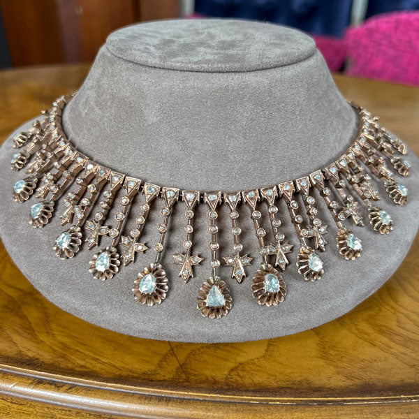Antique Rose Cut Diamond Fringe Necklace in gold, sold by Doyle & Doyle an antique and vintage jewelry boutique