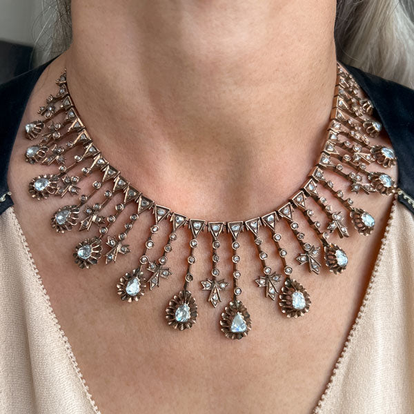 Antique Rose Cut Diamond Fringe Necklace in gold, sold by Doyle & Doyle an antique and vintage jewelry boutique