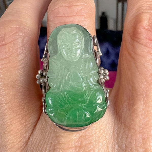 Vintage Carved Buddha Jade Ring sold by Doyle and Doyle an antique and vintage jewelry boutique