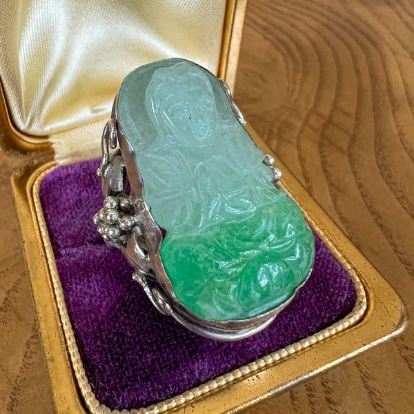 Vintage Carved Buddha Jade Ring sold by Doyle and Doyle an antique and vintage jewelry boutique