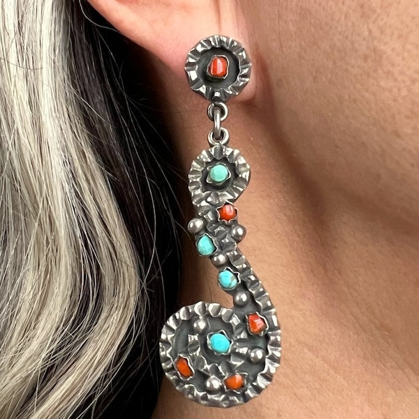 Vintage Mexican Silver Turquoise & Coral Drop Earrings sold by Doyle and Doyle an antique and vintage jewelry boutique
