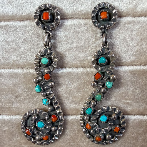 Vintage Mexican Silver Turquoise & Coral Drop Earrings sold by Doyle and Doyle an antique and vintage jewelry boutique