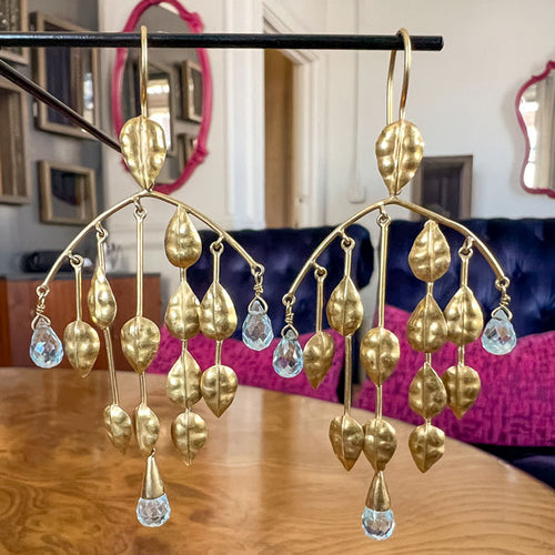 Vintage Gold Leaf & Aquamarine Briolette Drop Earrings, from Doyle & Doyle antique and vintage jewelry boutique