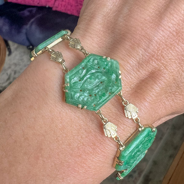 Vintage Carved Bird Jade Bracelet sold by Doyle and Doyle an antique and vintage jewelry boutique