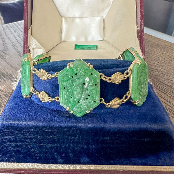 Vintage Carved Bird Jade Bracelet sold by Doyle and Doyle an antique and vintage jewelry boutique