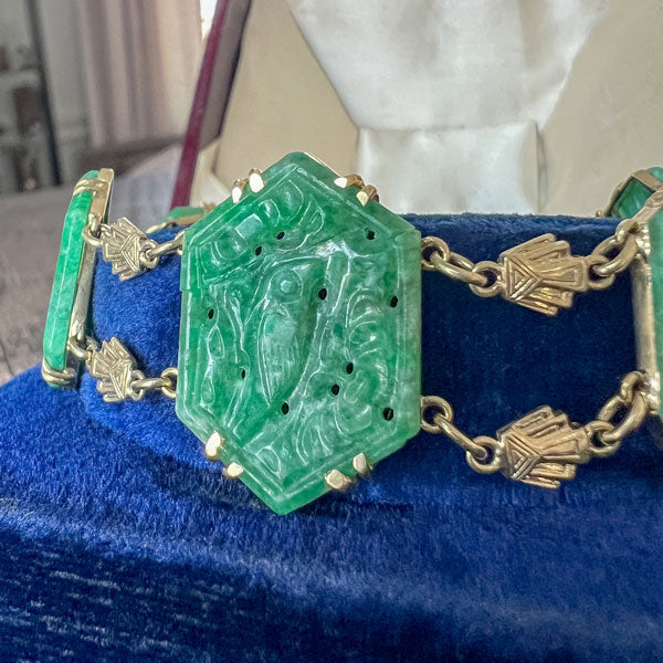 Vintage Carved Bird Jade Bracelet sold by Doyle and Doyle an antique and vintage jewelry boutique